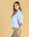 Blusa Oversize Azul Claro Cuello Camisero