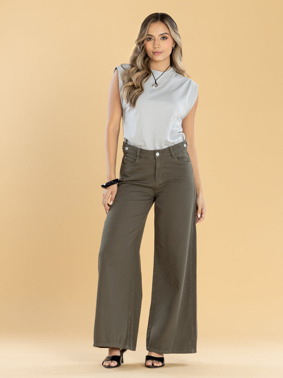 Pantalón Wide Leg Verde Ajustable En Cintura
