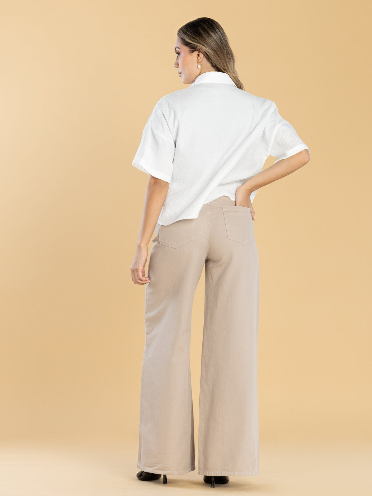 Pantalón Wide Leg Beige Ajustable En Cintura