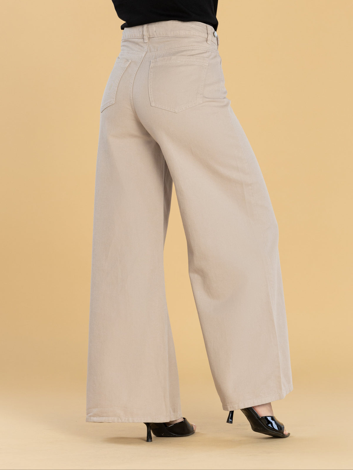 Pantalón Wide Leg Beige Ajustable En Cintura