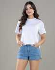 Short Azul Medio Tiro Alto Corte Atlético En Costado