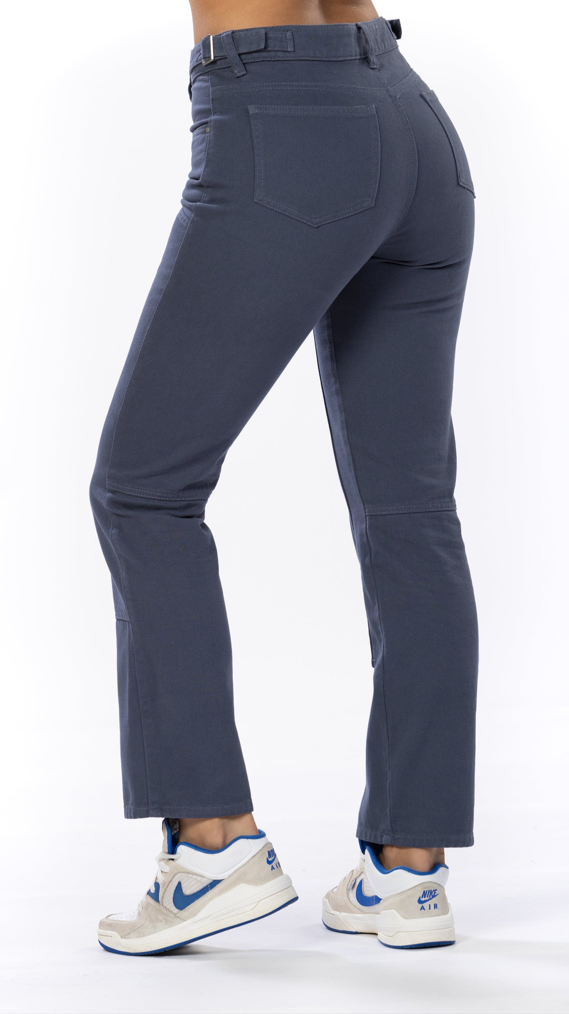Pantalón Azul Gris Rígido Recto Parche Delantero Graduable En Cintura