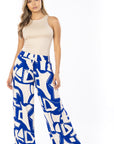 Pantalón Estampado Azul Wide Leg Elástico En Cintura