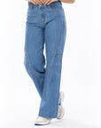 Jean Stretch Wide Leg Azul Medio Corte Diagonal Frontal