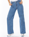 Jean Stretch Wide Leg Azul Medio Corte Diagonal Frontal