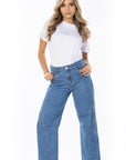 Jean Stretch Wide Leg Azul Medio Corte Diagonal Frontal