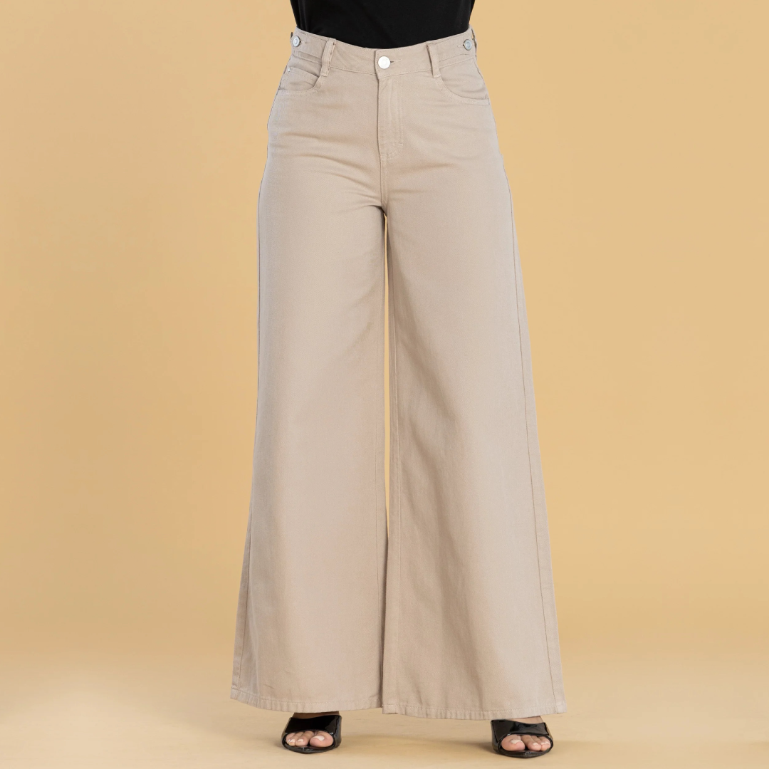 Pantalón Wide Leg Beige Ajustable En Cintura