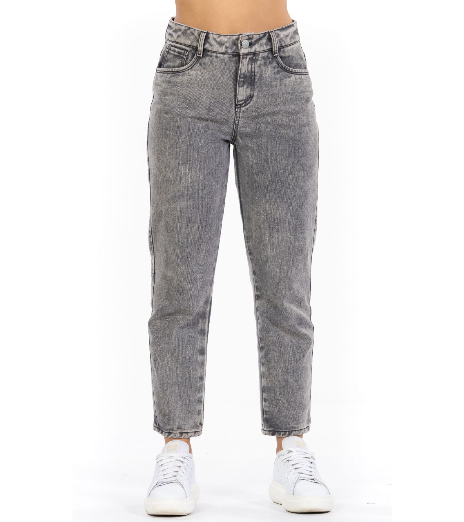 Jeans Rígido Mom Gris 5 Bolsillos