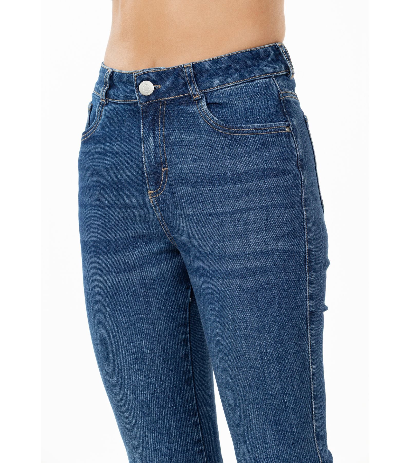 Jeans Stretch Azul Flare 5 Bolsillos Tiro Alto