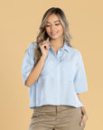 Blusa Oversize Azul Claro Cuello Camisero