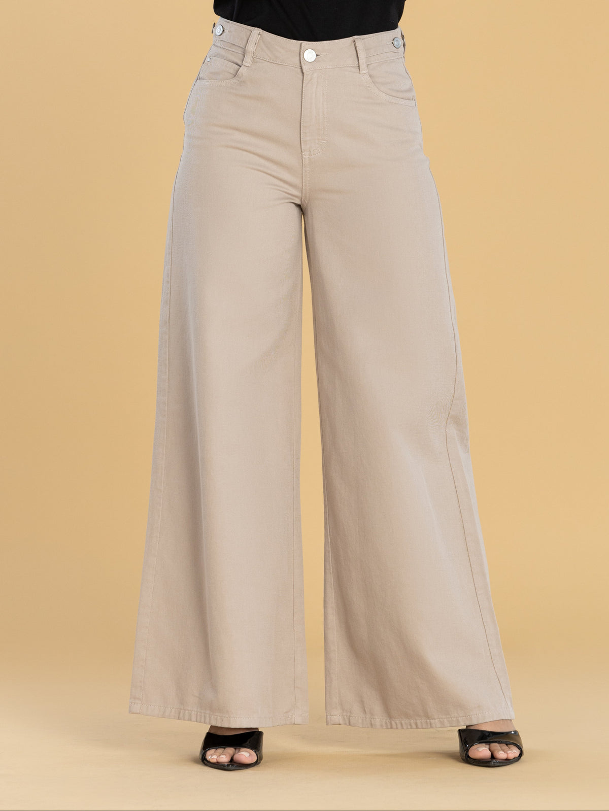 Pantalón Wide Leg Beige Ajustable En Cintura