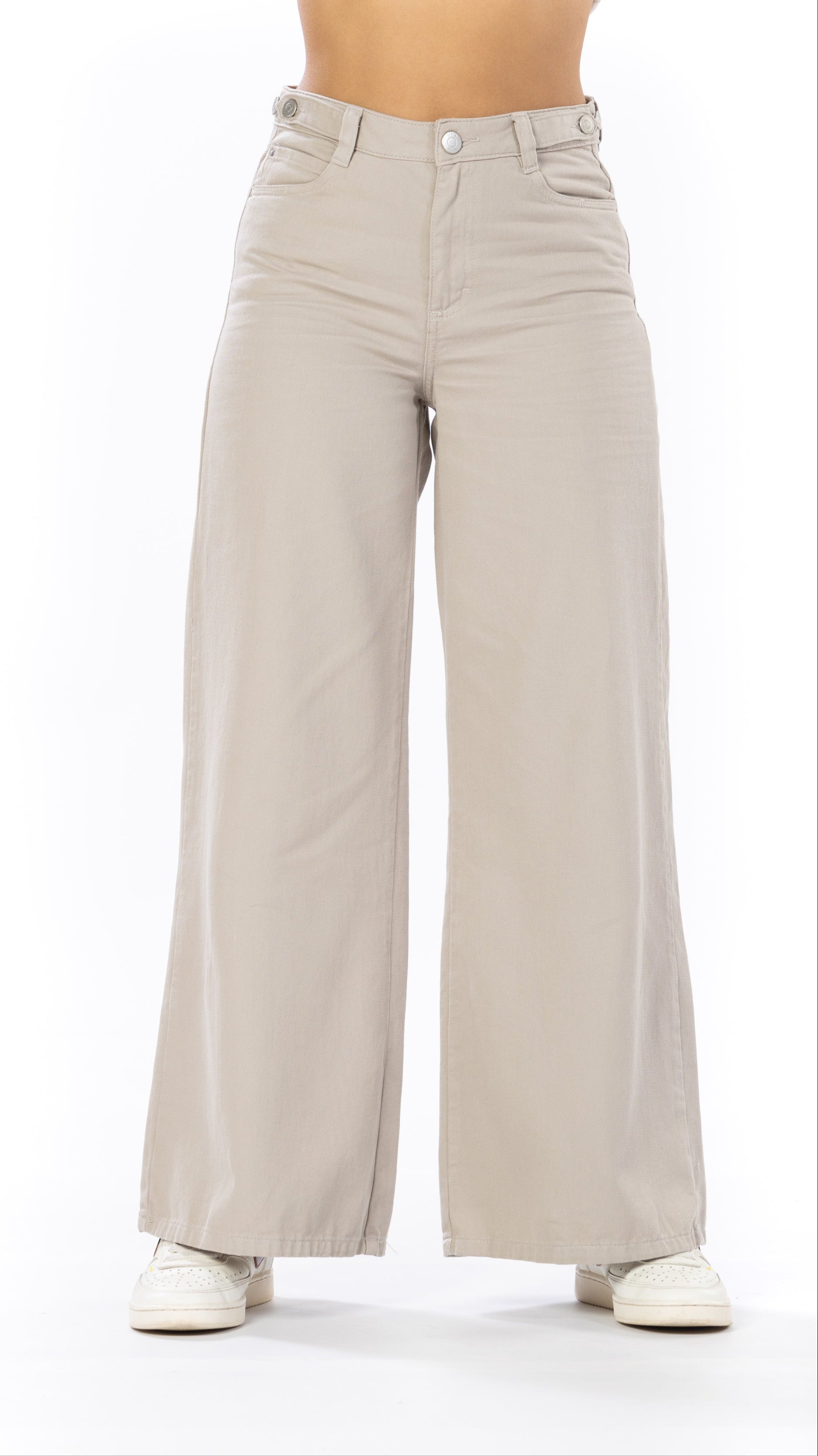 Pantalón Wide Leg Beige Ajustable En Cintura