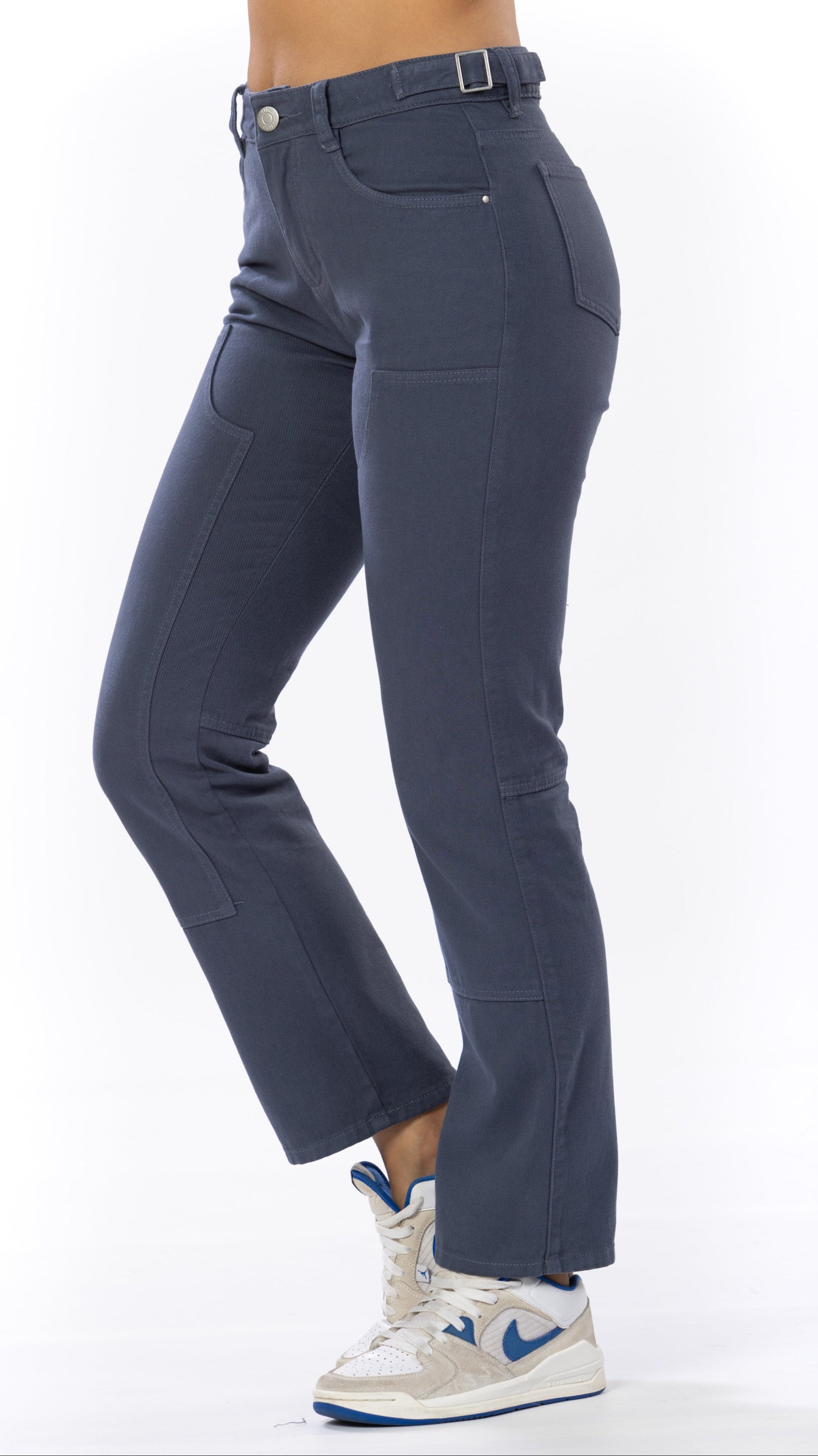 Pantalón Azul Gris Rígido Recto Parche Delantero Graduable En Cintura