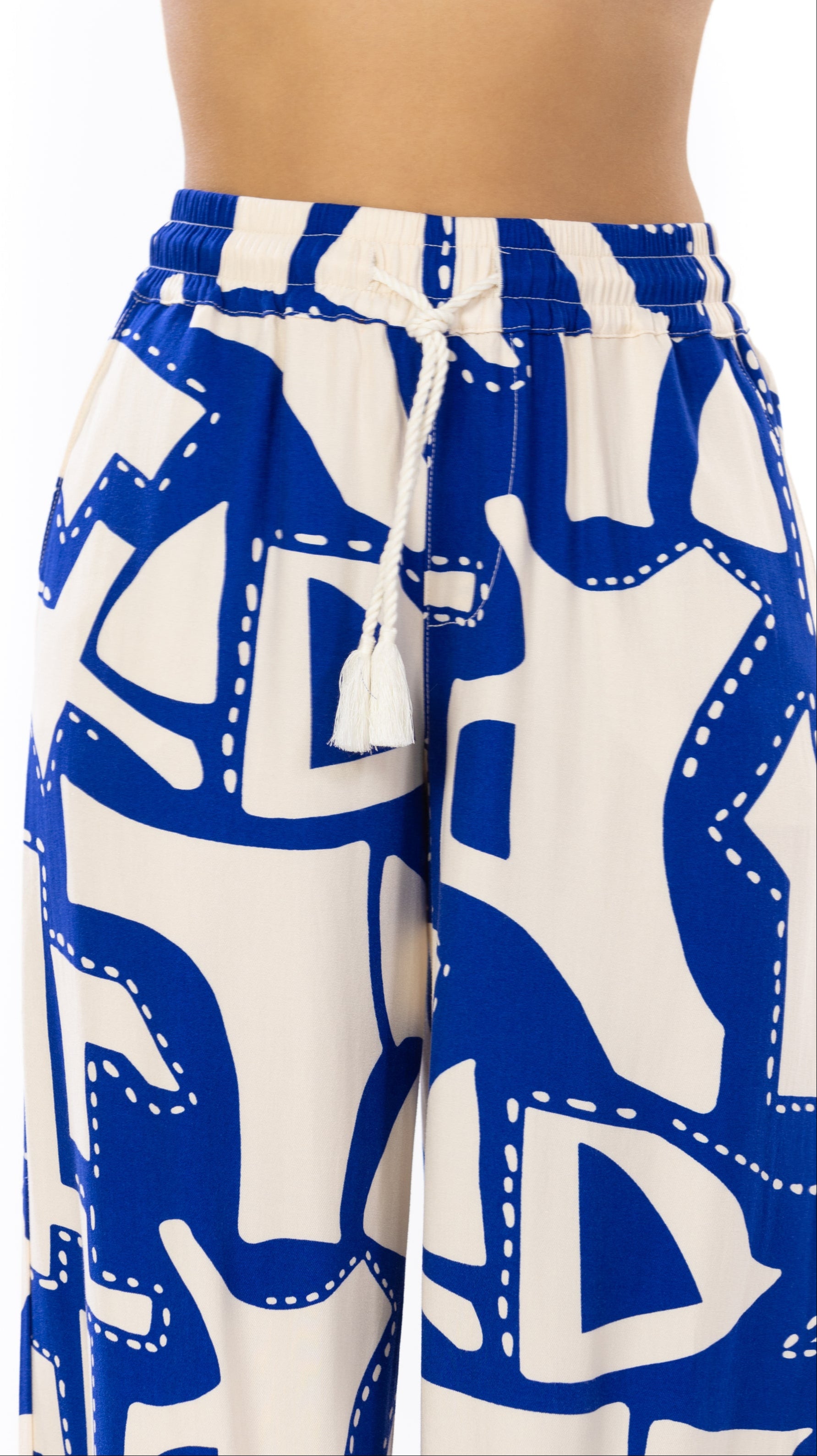 Pantalón Estampado Azul Wide Leg Elástico En Cintura