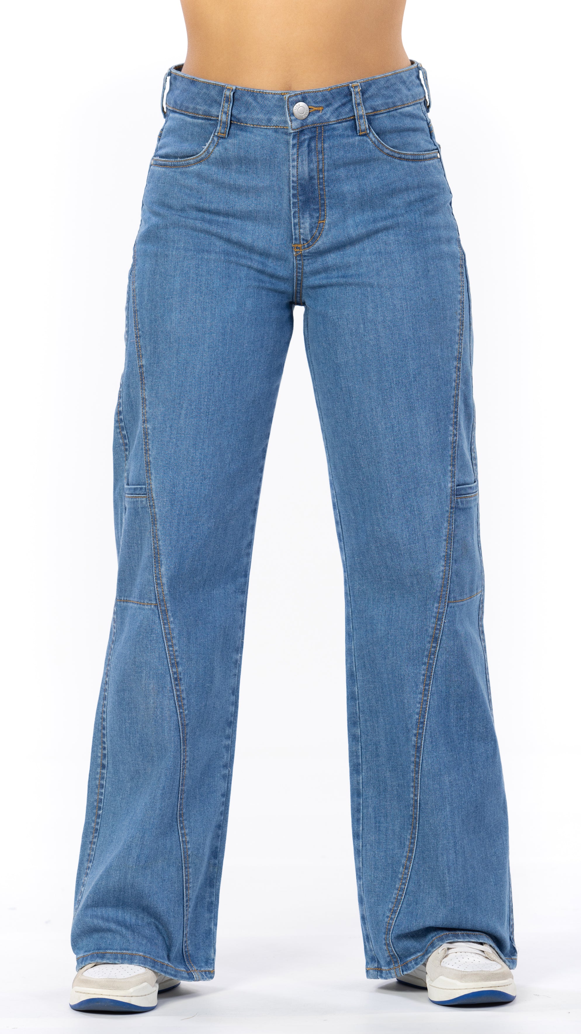 Jean Stretch Wide Leg Azul Medio Corte Diagonal Frontal