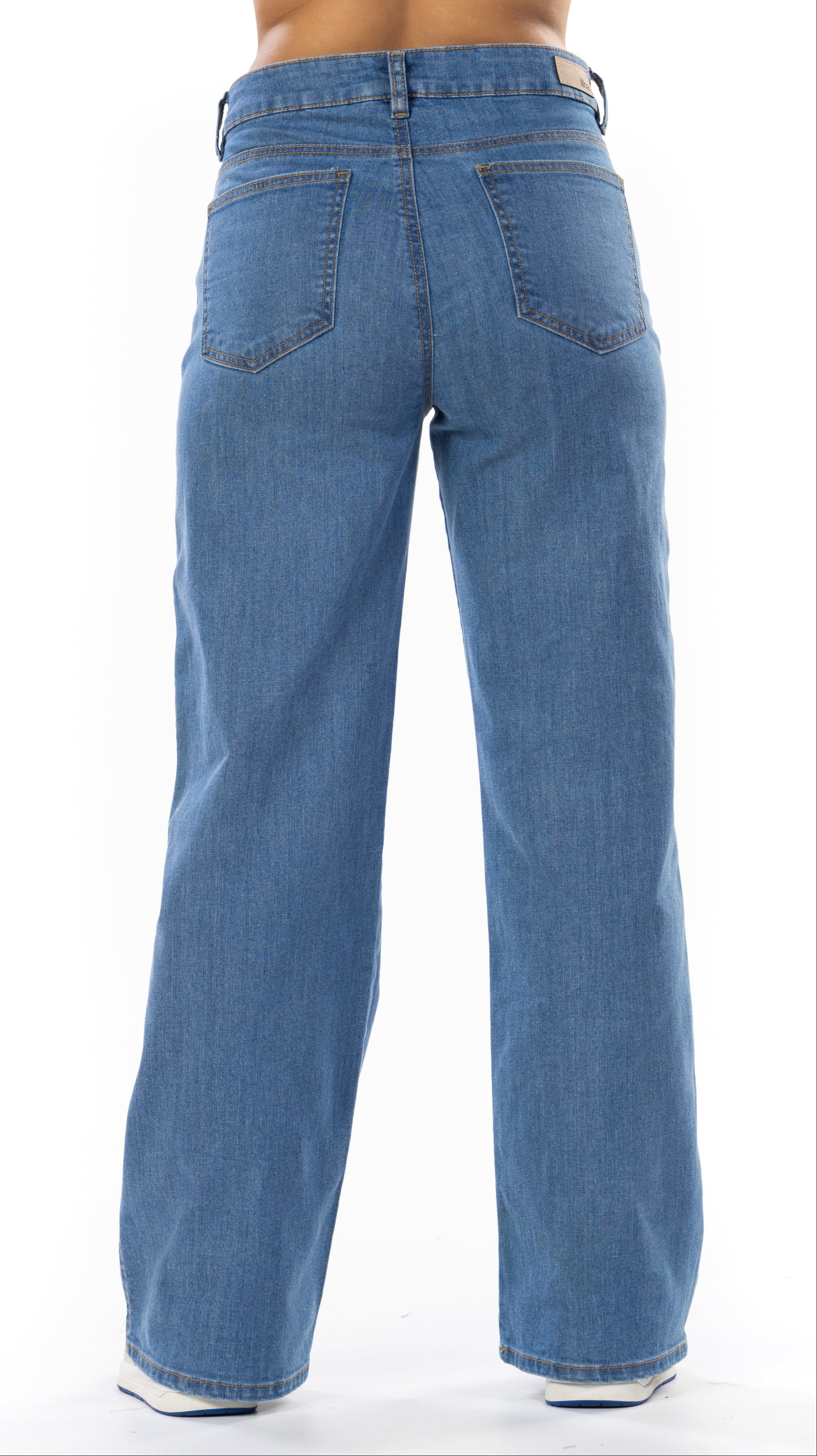 Jean Stretch Wide Leg Azul Medio Corte Diagonal Frontal