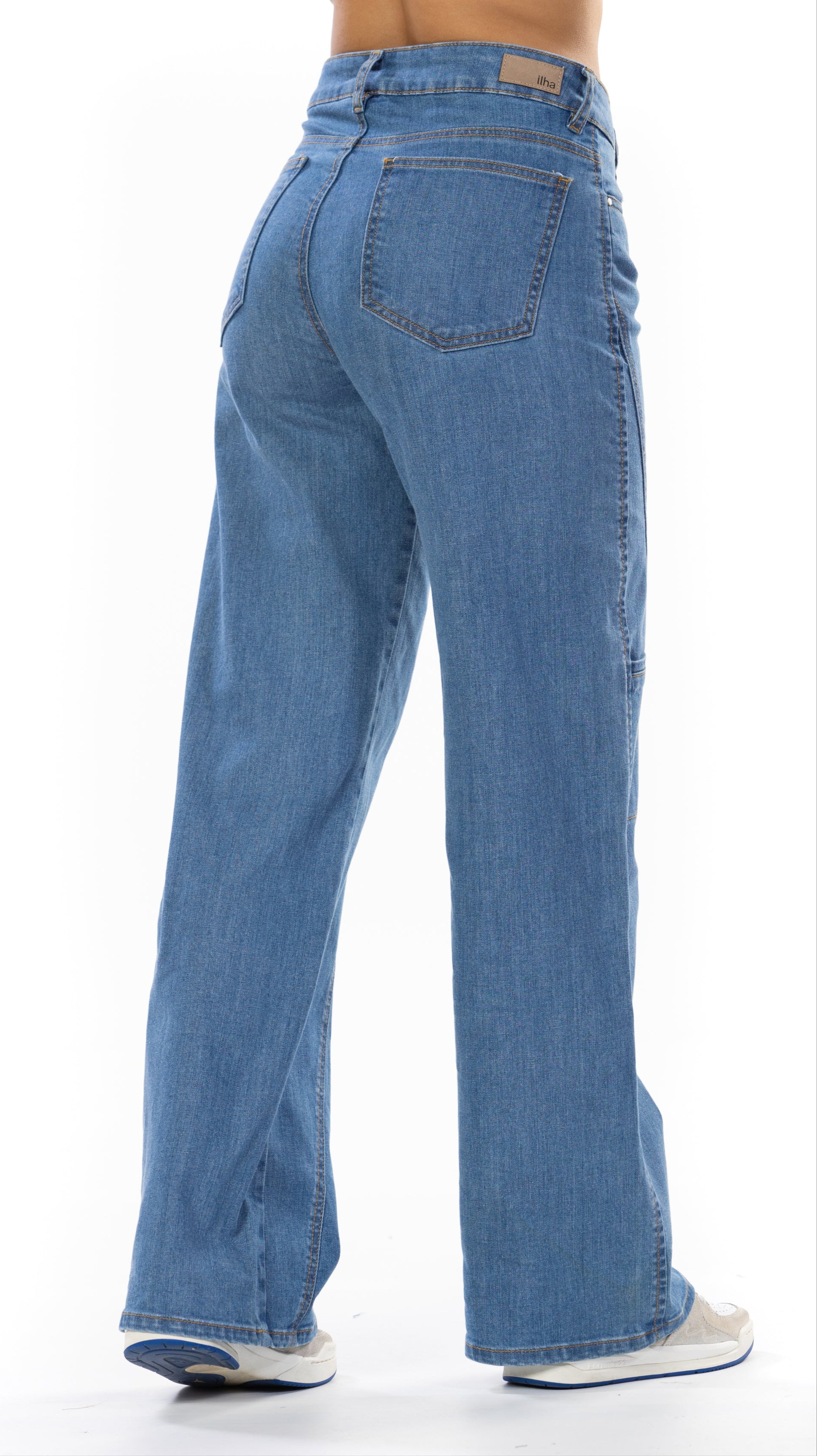 Jean Stretch Wide Leg Azul Medio Corte Diagonal Frontal