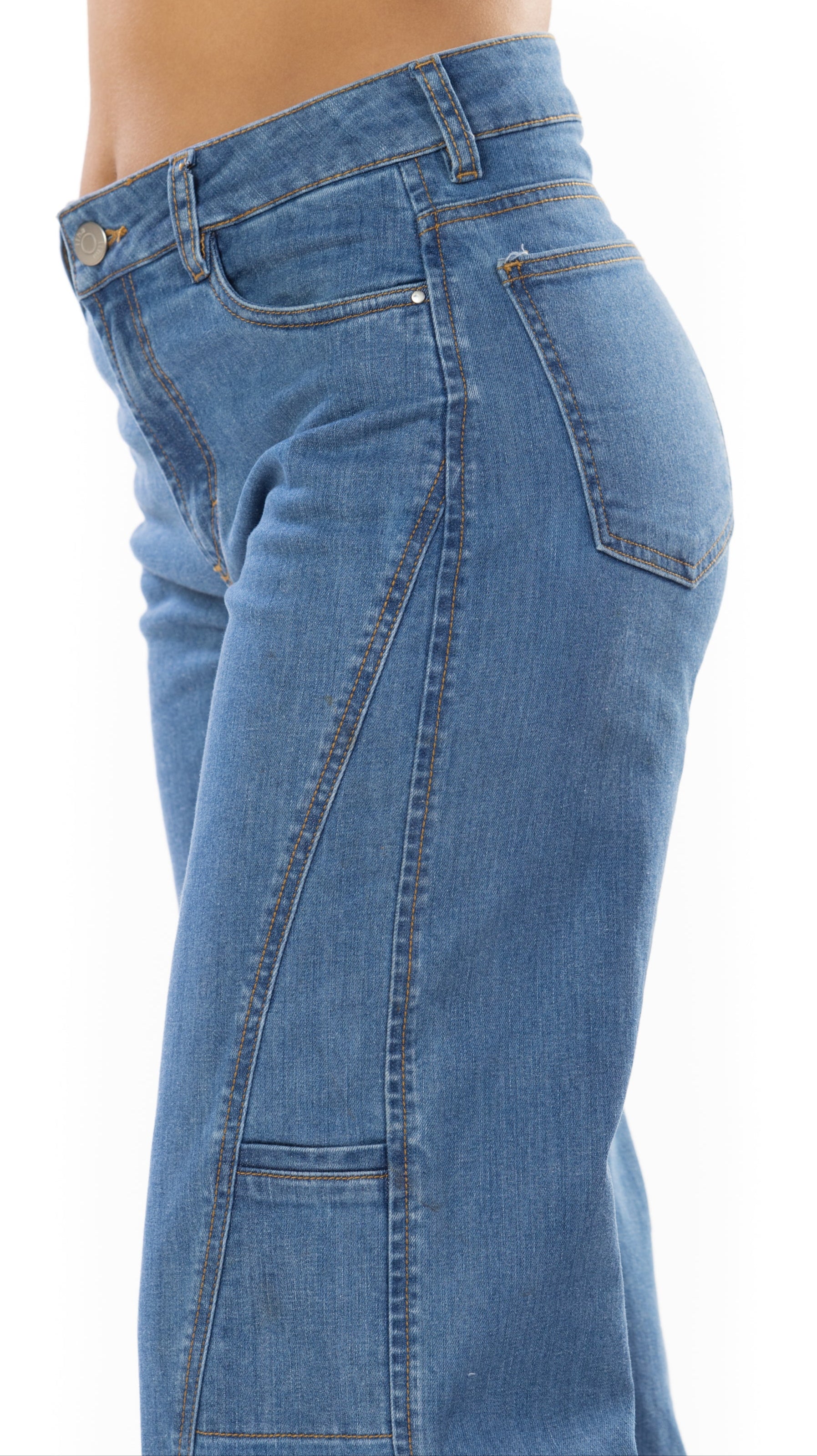 Jean Stretch Wide Leg Azul Medio Corte Diagonal Frontal