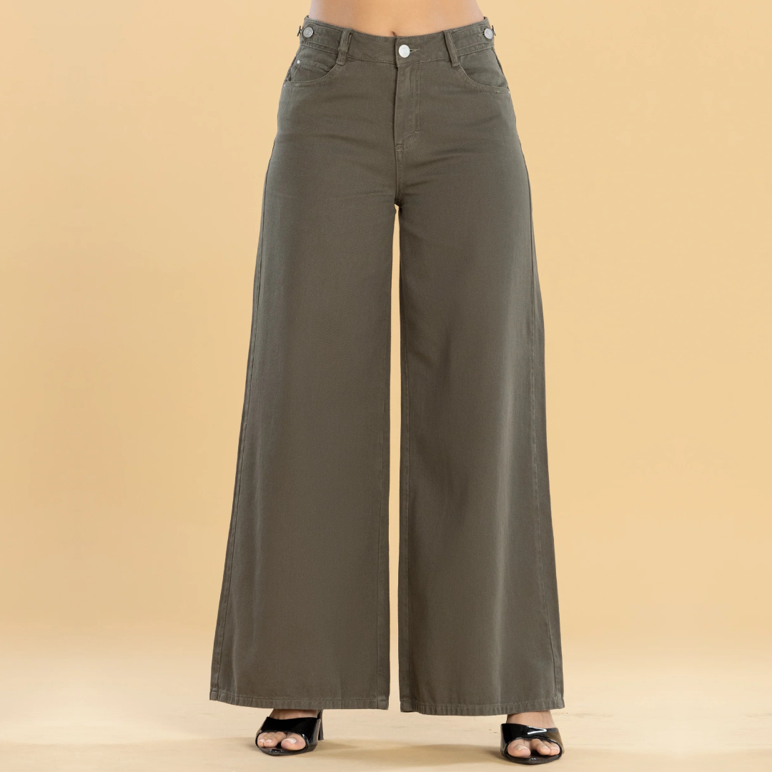 Pantalón Wide Leg Verde Ajustable En Cintura